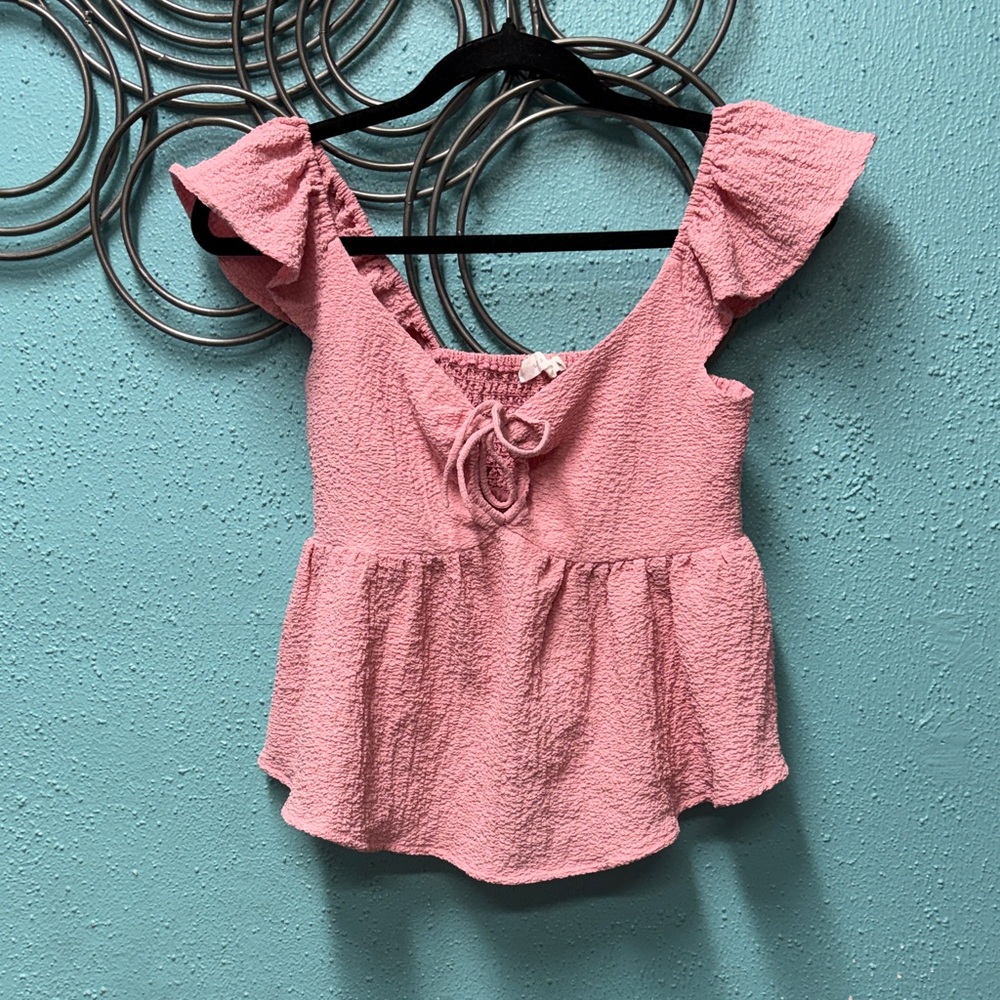 Lush Pink Textured Blouse with Ruffle Sleeves